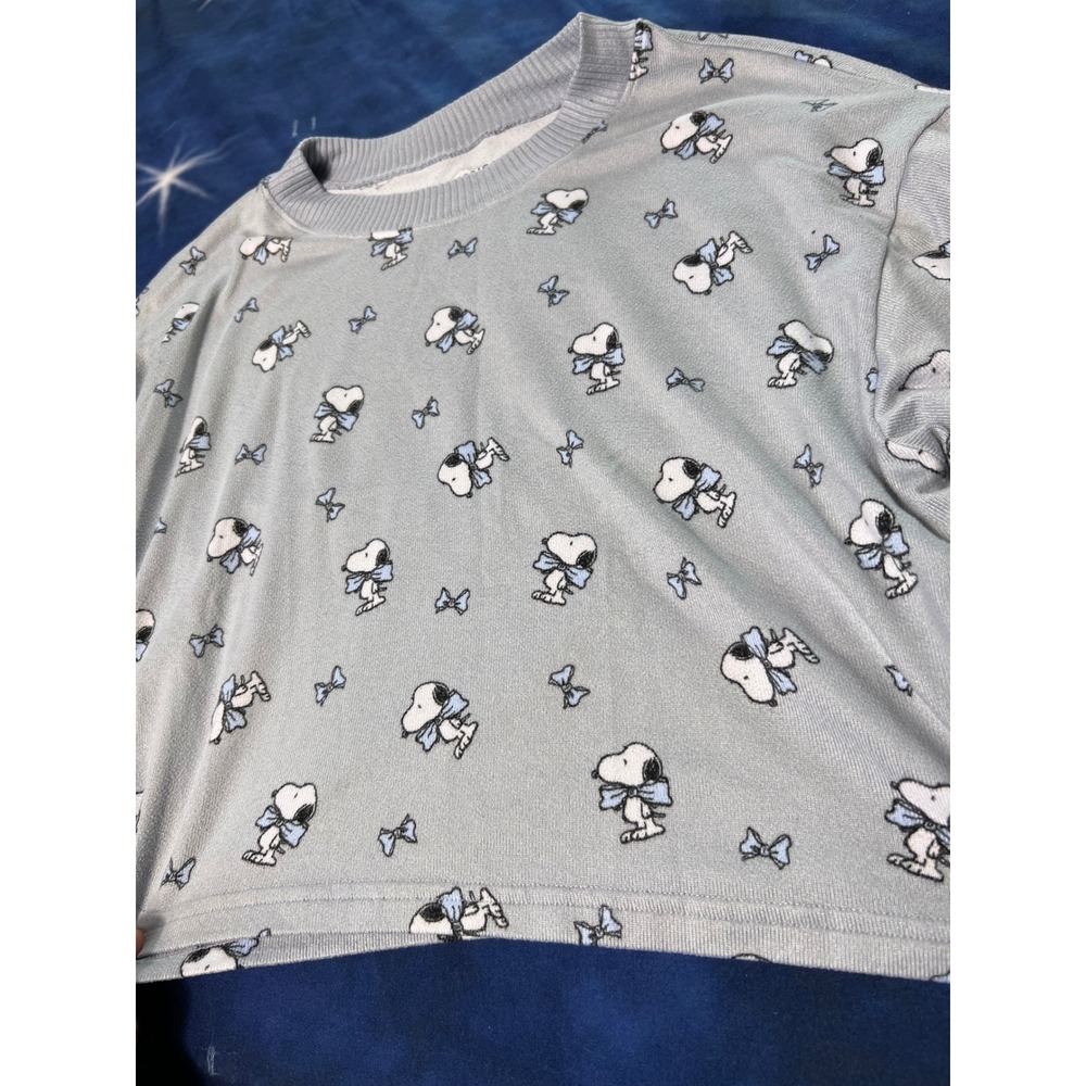 American Eagle Snoopy Peanuts Cropped Long Sleeve Top Blue Bows AE Lounge XS/S